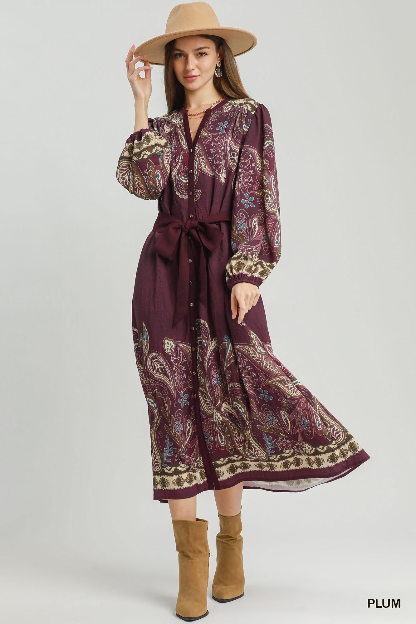Umgee Abstract Print Tie Waist Midi Dress in Plum-Midi Dresses-umgee-Deja Nu Boutique, Women's Fashion Boutique in Lampasas, Texas