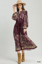 Umgee Abstract Print Tie Waist Midi Dress in Plum-Midi Dresses-umgee-Deja Nu Boutique, Women's Fashion Boutique in Lampasas, Texas