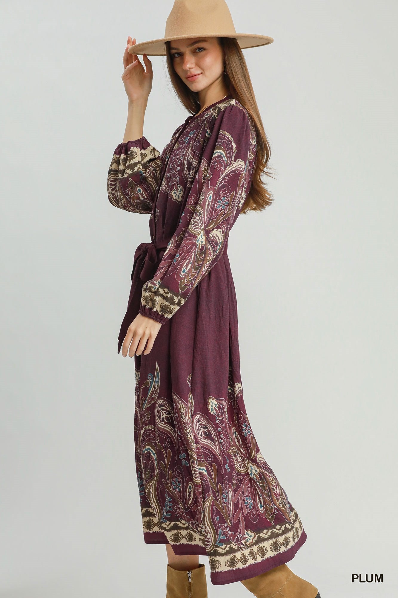 Umgee Abstract Print Tie Waist Midi Dress in Plum-Midi Dresses-umgee-Deja Nu Boutique, Women's Fashion Boutique in Lampasas, Texas