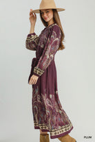 Umgee Abstract Print Tie Waist Midi Dress in Plum-Midi Dresses-umgee-Deja Nu Boutique, Women's Fashion Boutique in Lampasas, Texas