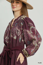Umgee Abstract Print Tie Waist Midi Dress in Plum-Midi Dresses-umgee-Deja Nu Boutique, Women's Fashion Boutique in Lampasas, Texas