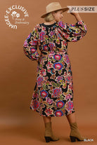 Umgee Plus Abstract Print Embroidered Belted Midi Dress in Black-Curvy/Plus Dresses-Umgee-Deja Nu Boutique, Women's Fashion Boutique in Lampasas, Texas