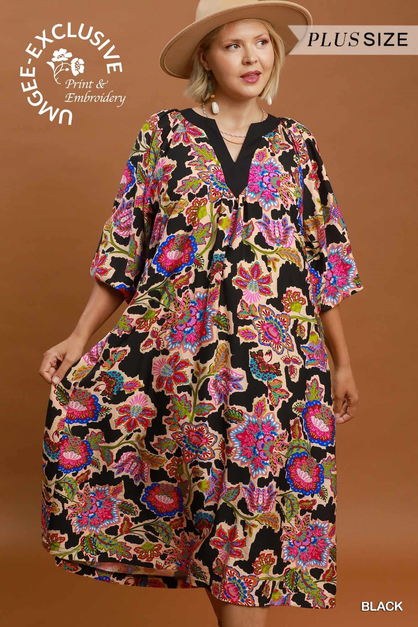 Umgee Plus Abstract Print Embroidered Belted Midi Dress in Black-Curvy/Plus Dresses-Umgee-Deja Nu Boutique, Women's Fashion Boutique in Lampasas, Texas