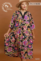 Umgee Plus Abstract Print Embroidered Belted Midi Dress in Black-Curvy/Plus Dresses-Umgee-Deja Nu Boutique, Women's Fashion Boutique in Lampasas, Texas