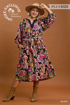 Umgee Plus Abstract Print Embroidered Belted Midi Dress in Black-Curvy/Plus Dresses-Umgee-Deja Nu Boutique, Women's Fashion Boutique in Lampasas, Texas