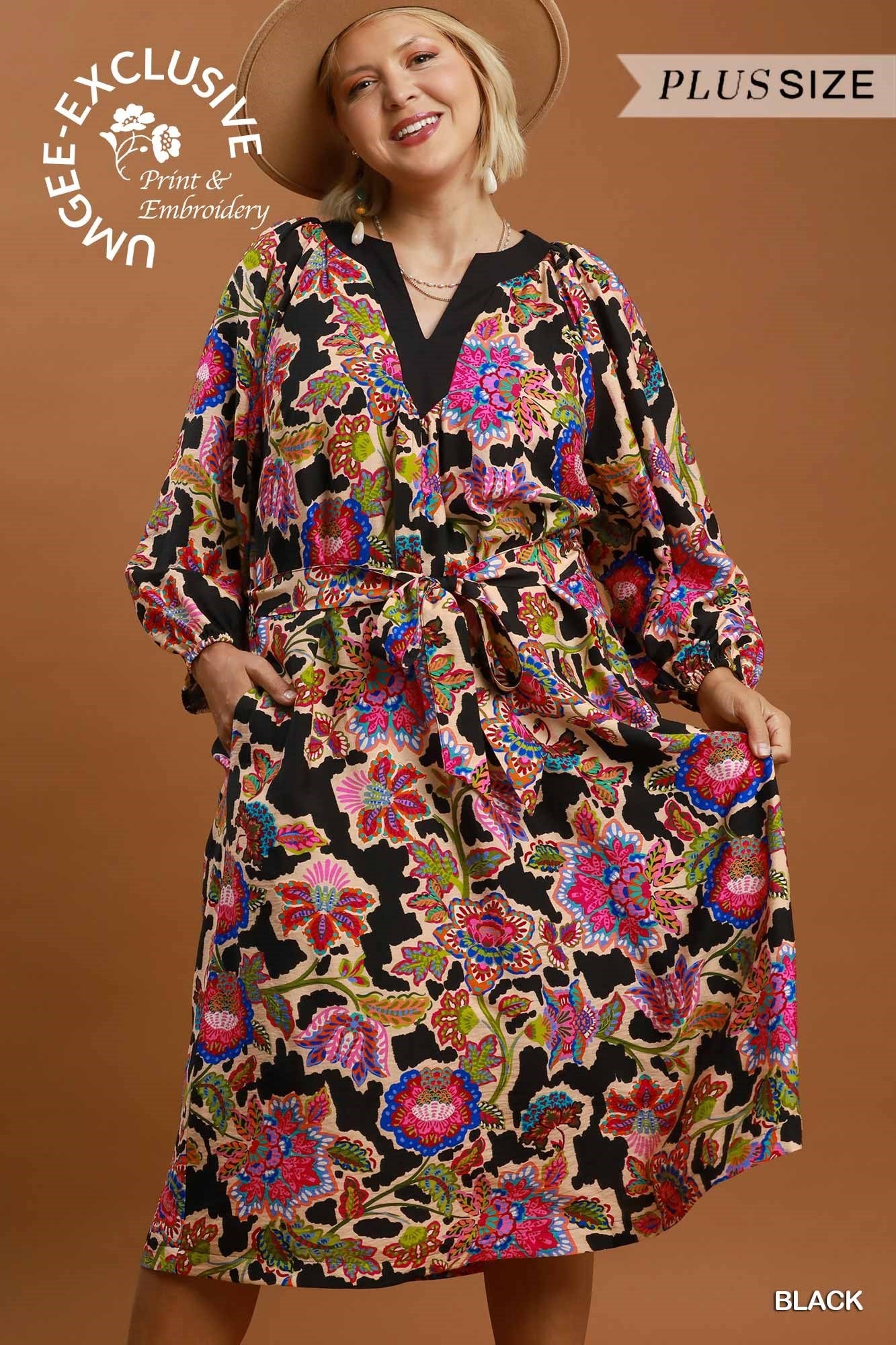 Umgee Plus Abstract Print Embroidered Belted Midi Dress in Black-Curvy/Plus Dresses-Umgee-Deja Nu Boutique, Women's Fashion Boutique in Lampasas, Texas