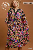Umgee Plus Abstract Print Embroidered Belted Midi Dress in Black-Curvy/Plus Dresses-Umgee-Deja Nu Boutique, Women's Fashion Boutique in Lampasas, Texas