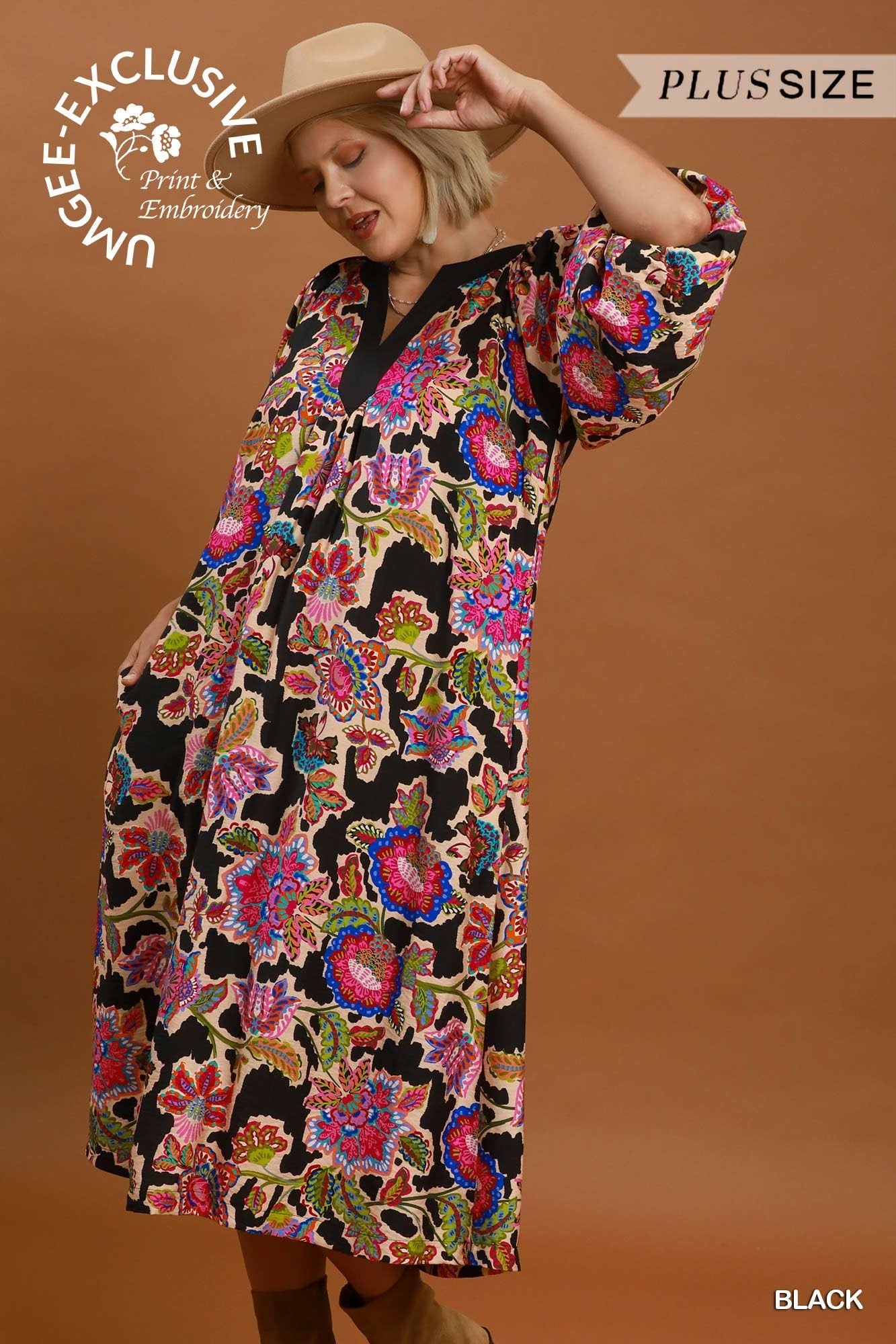 Umgee Plus Abstract Print Embroidered Belted Midi Dress in Black-Curvy/Plus Dresses-Umgee-Deja Nu Boutique, Women's Fashion Boutique in Lampasas, Texas