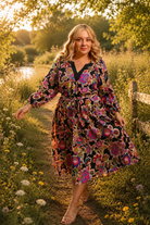 Umgee Plus Abstract Print Embroidered Belted Midi Dress in Black-Curvy/Plus Dresses-Umgee-Deja Nu Boutique, Women's Fashion Boutique in Lampasas, Texas