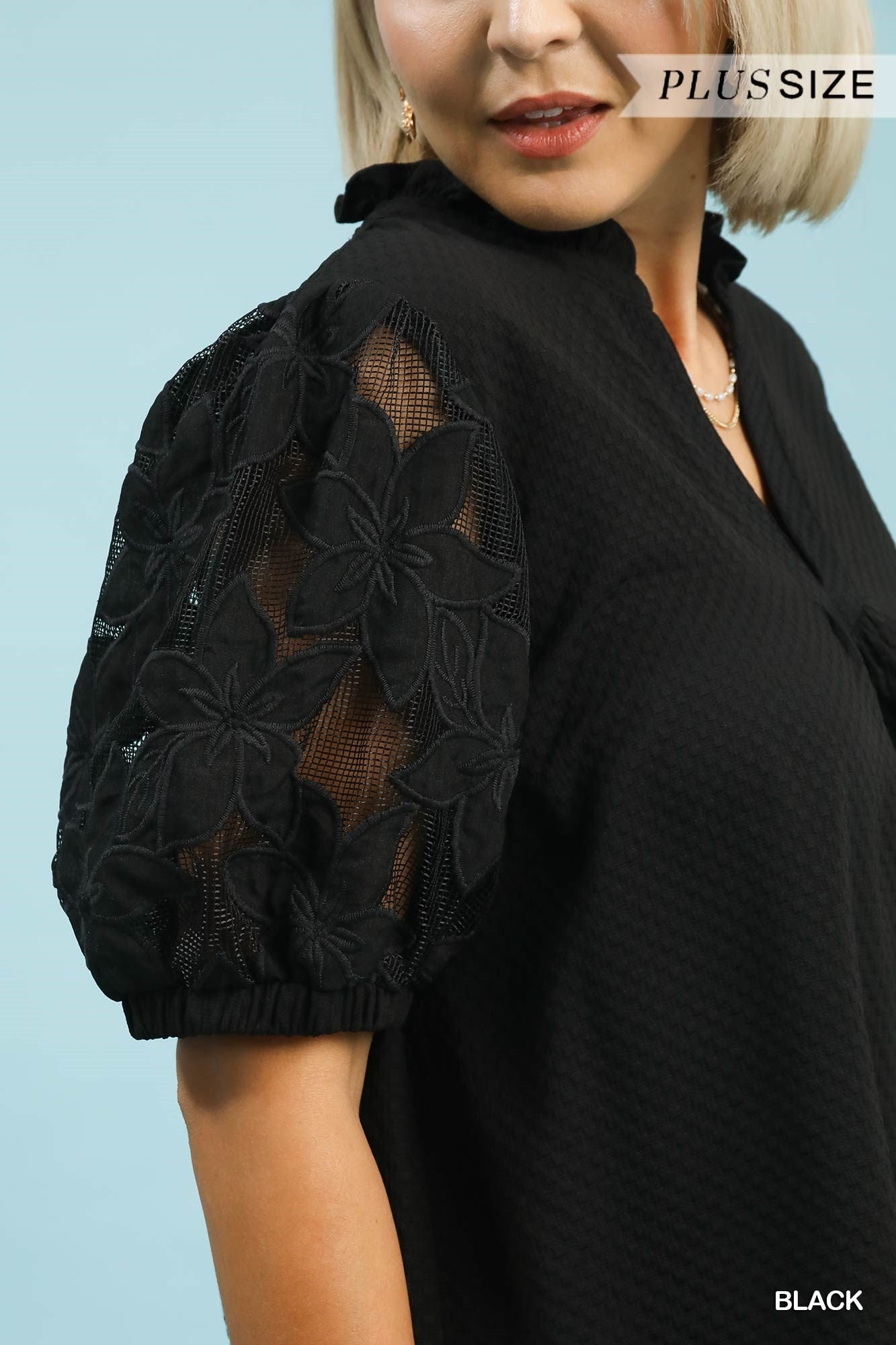 Umgee Plus Black Textured Blouse with Lace Puff Sleeves-Curvy/Plus Blouses-Umgee-Deja Nu Boutique, Women's Fashion Boutique in Lampasas, Texas