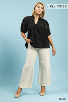 Umgee Plus Black Textured Blouse with Lace Puff Sleeves-Curvy/Plus Blouses-Umgee-Deja Nu Boutique, Women's Fashion Boutique in Lampasas, Texas