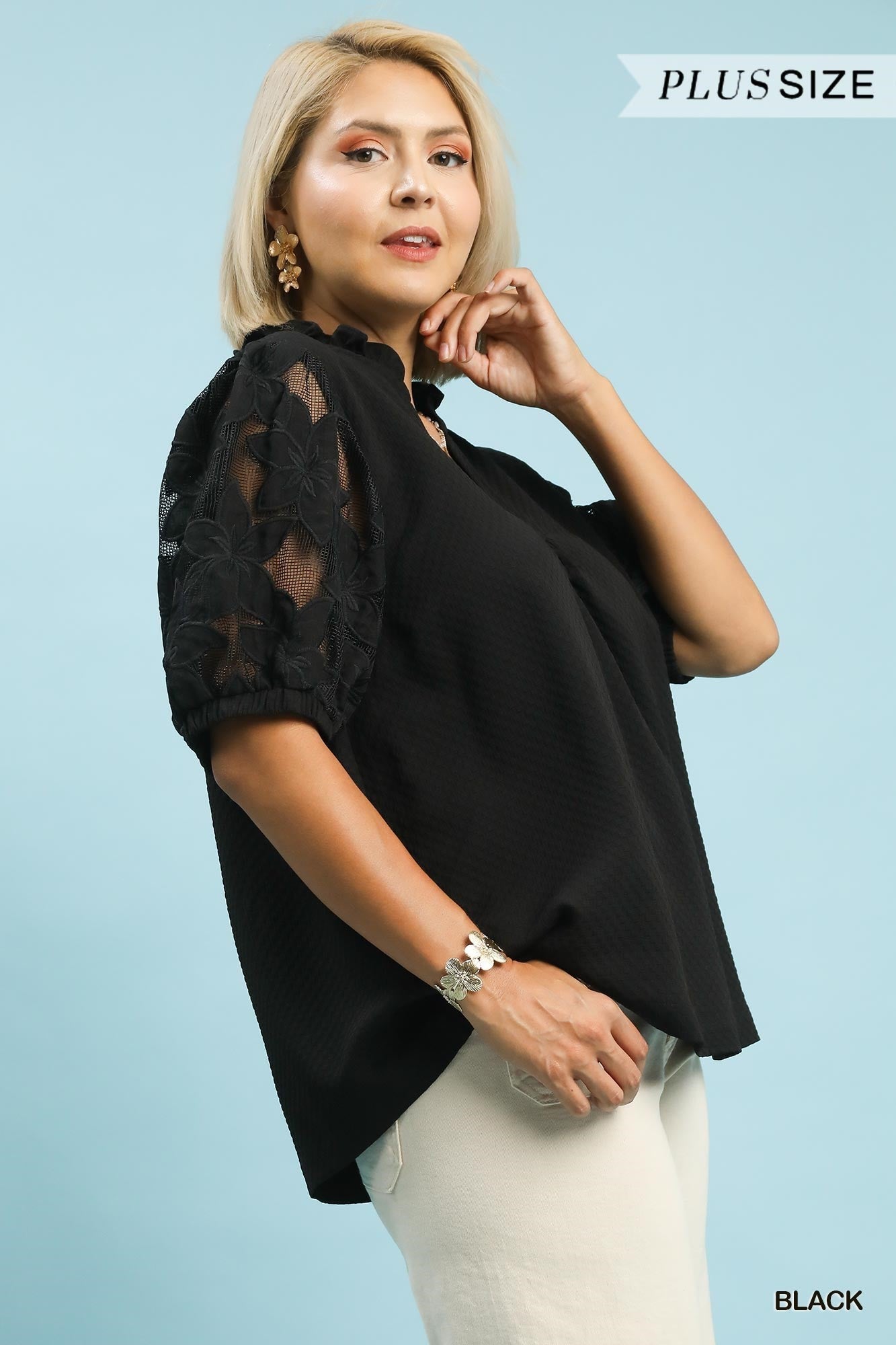 Umgee Plus Black Textured Blouse with Lace Puff Sleeves-Curvy/Plus Blouses-Umgee-Deja Nu Boutique, Women's Fashion Boutique in Lampasas, Texas
