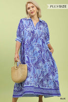 Umgee Blue Leafy Border Print V-Neck Midi Dress Plus Size-Curvy/Plus Dresses-Umgee-Deja Nu Boutique, Women's Fashion Boutique in Lampasas, Texas