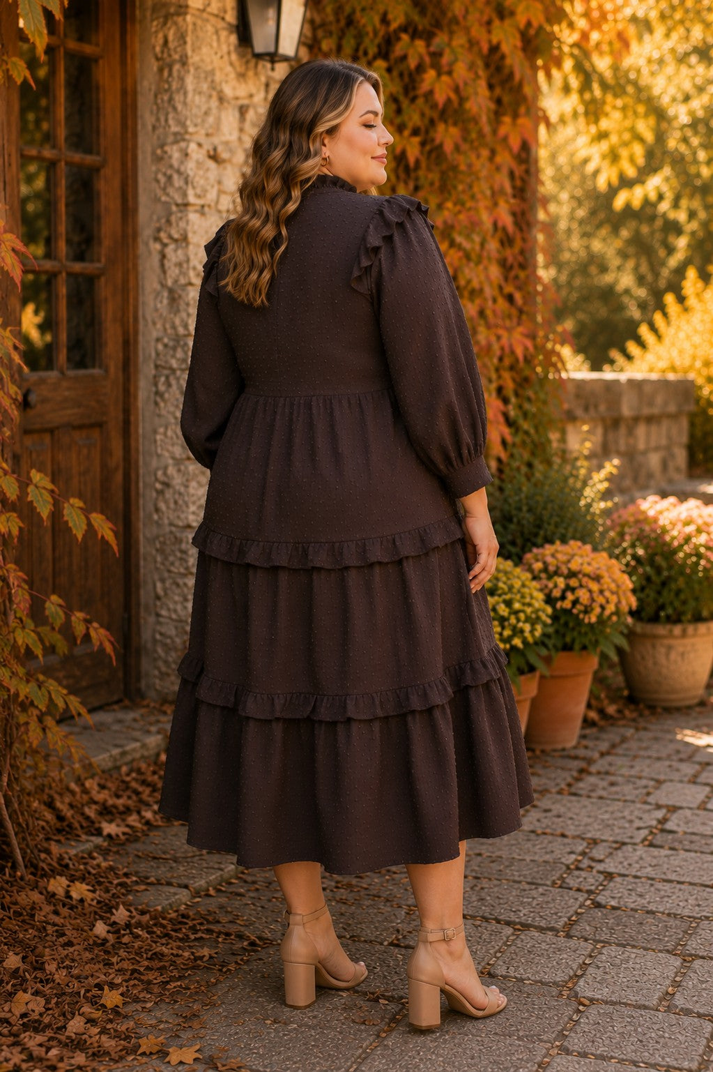 Umgee Plus Textured Ruffle Tiered Midi Dress in Chocolate-Curvy/Plus Dresses-Umgee-Deja Nu Boutique, Women's Fashion Boutique in Lampasas, Texas