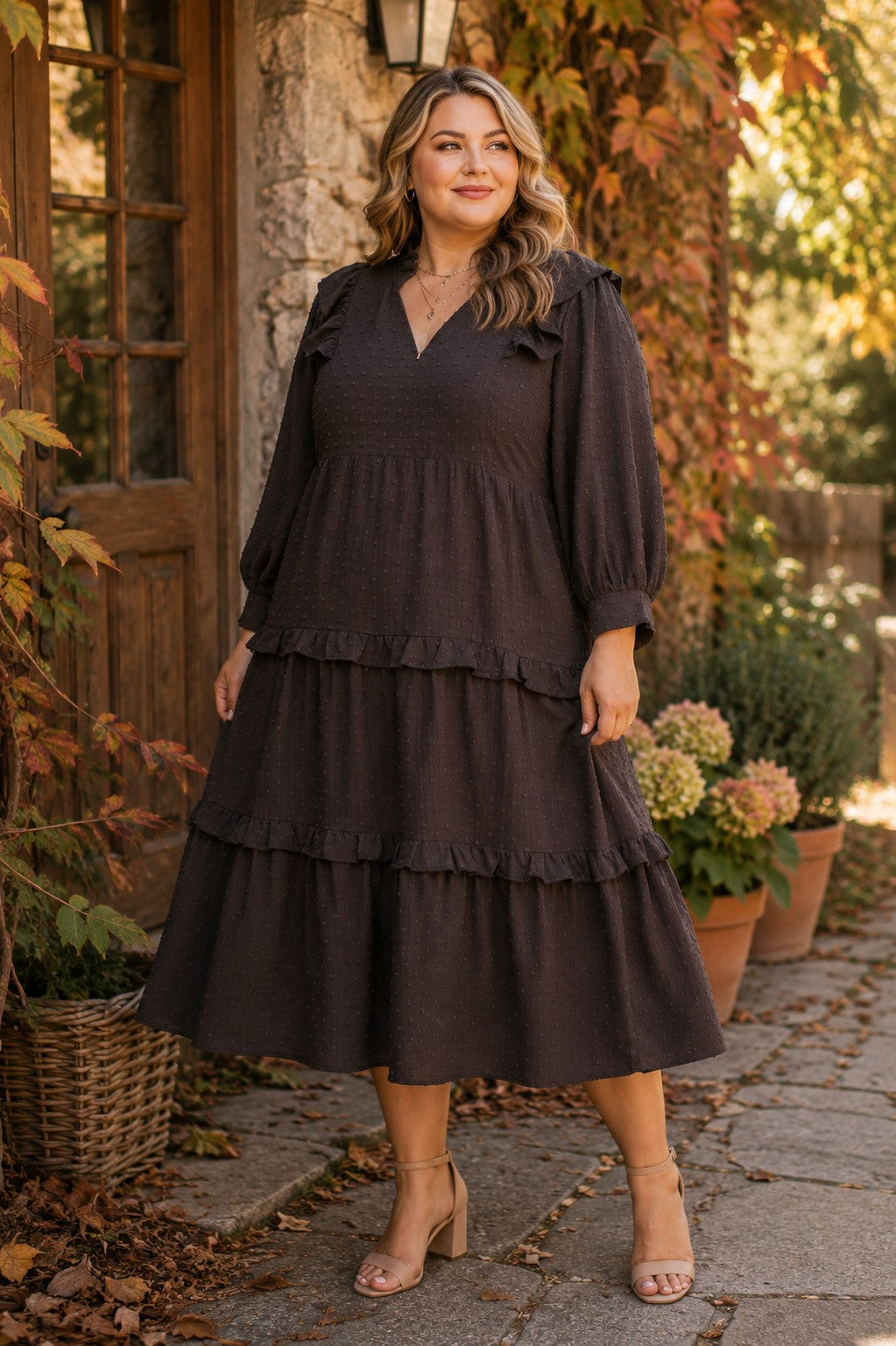 Umgee Plus Textured Ruffle Tiered Midi Dress in Chocolate-Curvy/Plus Dresses-Umgee-Deja Nu Boutique, Women's Fashion Boutique in Lampasas, Texas