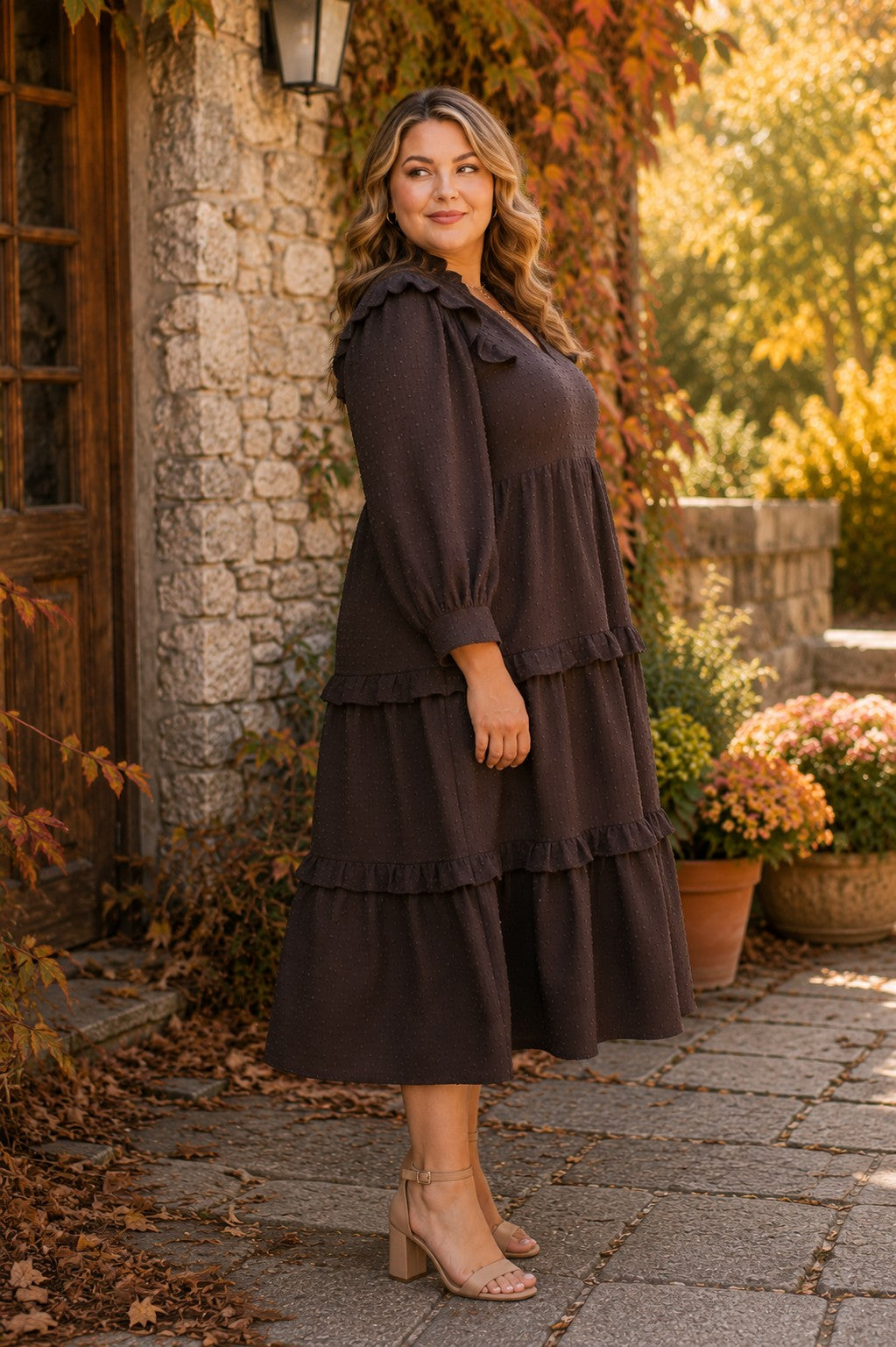 Umgee Plus Textured Ruffle Tiered Midi Dress in Chocolate-Curvy/Plus Dresses-Umgee-Deja Nu Boutique, Women's Fashion Boutique in Lampasas, Texas