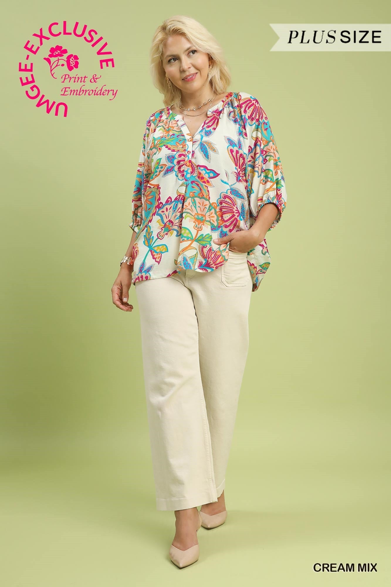 Umgee Paisley Print V-Neck Top - Cream Mix-Curvy/Plus Blouses-Umgee-Deja Nu Boutique, Women's Fashion Boutique in Lampasas, Texas