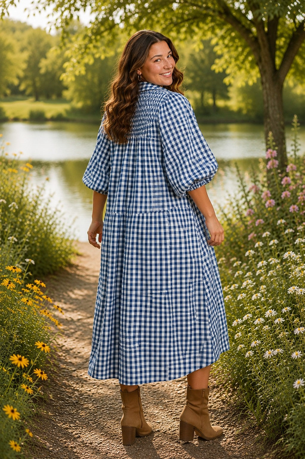 Umgee Plus Denim Blue Puff Sleeve Plaid Midi Dress-Curvy/Plus Dresses-Umgee-Deja Nu Boutique, Women's Fashion Boutique in Lampasas, Texas