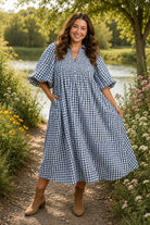 Umgee Plus Denim Blue Puff Sleeve Plaid Midi Dress-Curvy/Plus Dresses-Umgee-Deja Nu Boutique, Women's Fashion Boutique in Lampasas, Texas