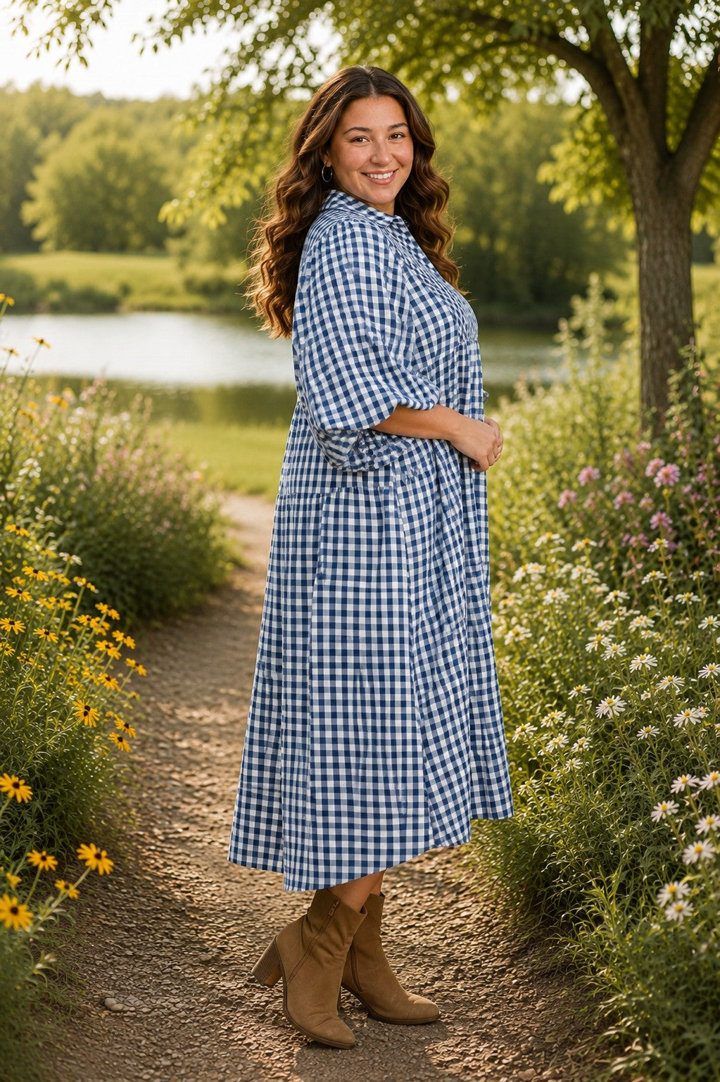 Umgee Plus Denim Blue Puff Sleeve Plaid Midi Dress-Curvy/Plus Dresses-Umgee-Deja Nu Boutique, Women's Fashion Boutique in Lampasas, Texas