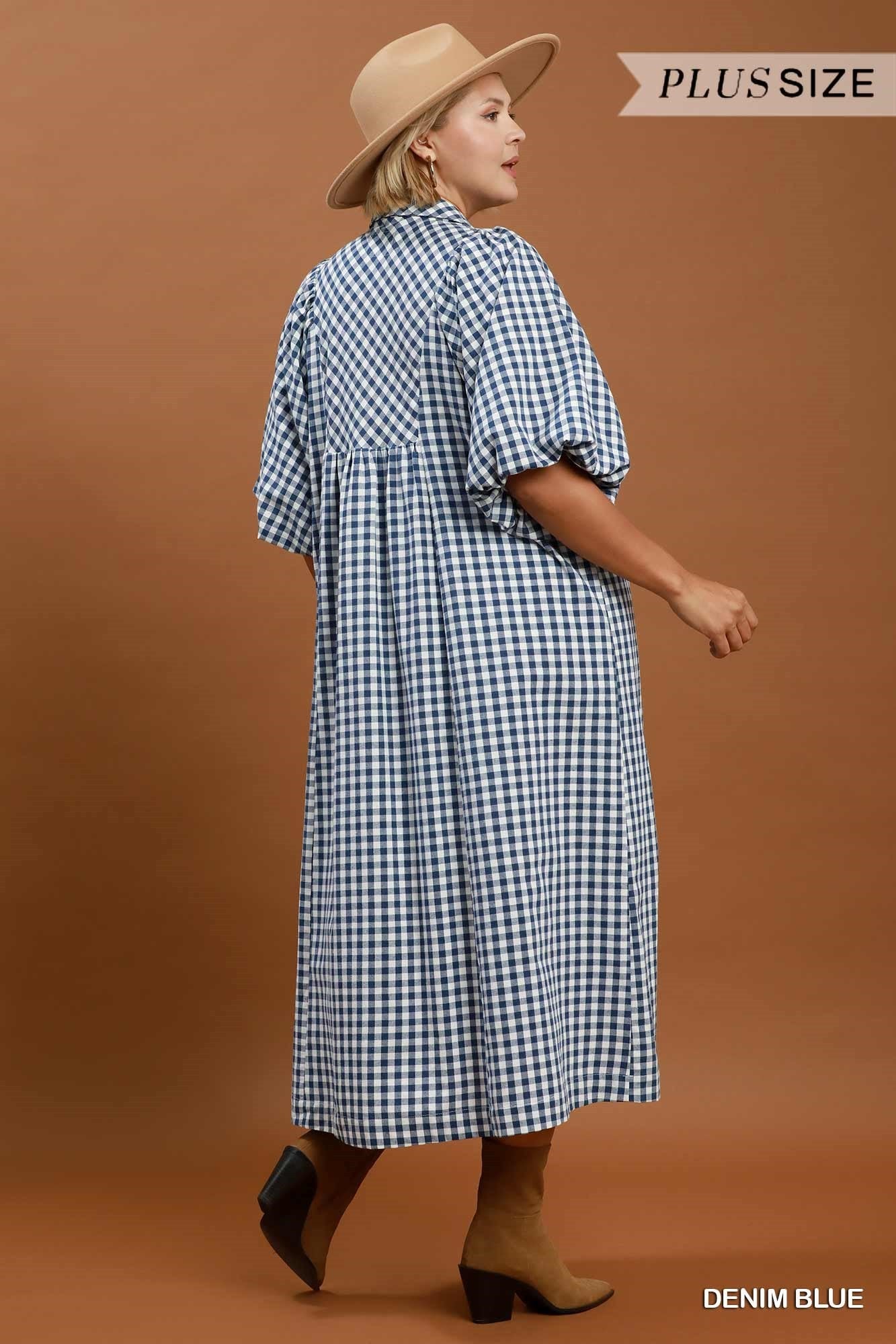 Umgee Plus Denim Blue Puff Sleeve Plaid Midi Dress-Curvy/Plus Dresses-Umgee-Deja Nu Boutique, Women's Fashion Boutique in Lampasas, Texas
