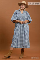 Umgee Plus Denim Blue Puff Sleeve Plaid Midi Dress-Curvy/Plus Dresses-Umgee-Deja Nu Boutique, Women's Fashion Boutique in Lampasas, Texas