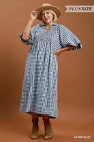 Umgee Plus Denim Blue Puff Sleeve Plaid Midi Dress-Curvy/Plus Dresses-Umgee-Deja Nu Boutique, Women's Fashion Boutique in Lampasas, Texas