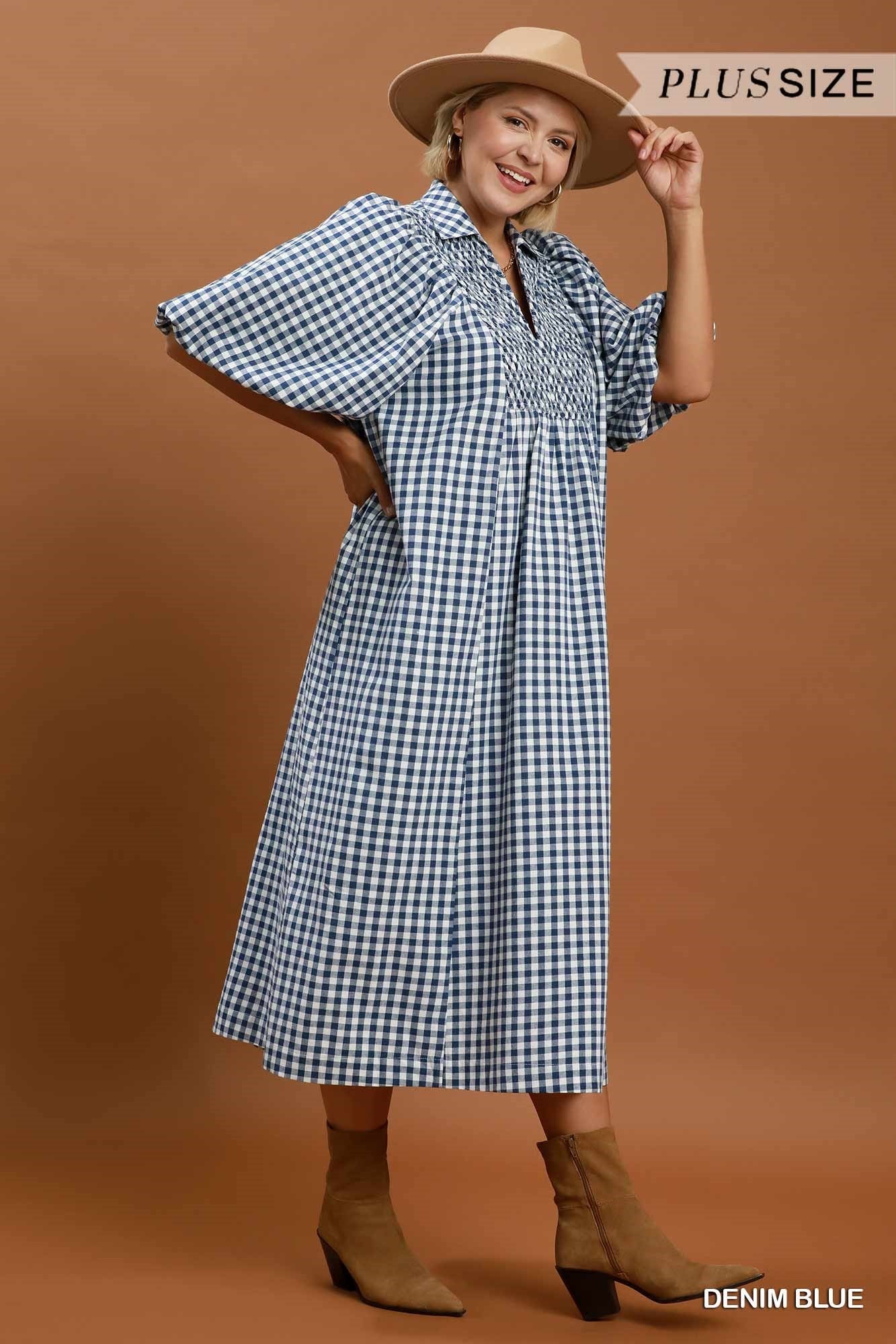 Umgee Plus Denim Blue Puff Sleeve Plaid Midi Dress-Curvy/Plus Dresses-Umgee-Deja Nu Boutique, Women's Fashion Boutique in Lampasas, Texas