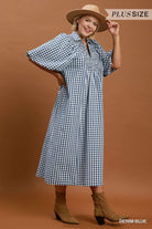 Umgee Plus Denim Blue Puff Sleeve Plaid Midi Dress-Curvy/Plus Dresses-Umgee-Deja Nu Boutique, Women's Fashion Boutique in Lampasas, Texas