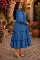 Umgee Plus Textured Ruffle Tiered Midi Dress in Denim Blue-Curvy/Plus Dresses-Umgee-Deja Nu Boutique, Women's Fashion Boutique in Lampasas, Texas