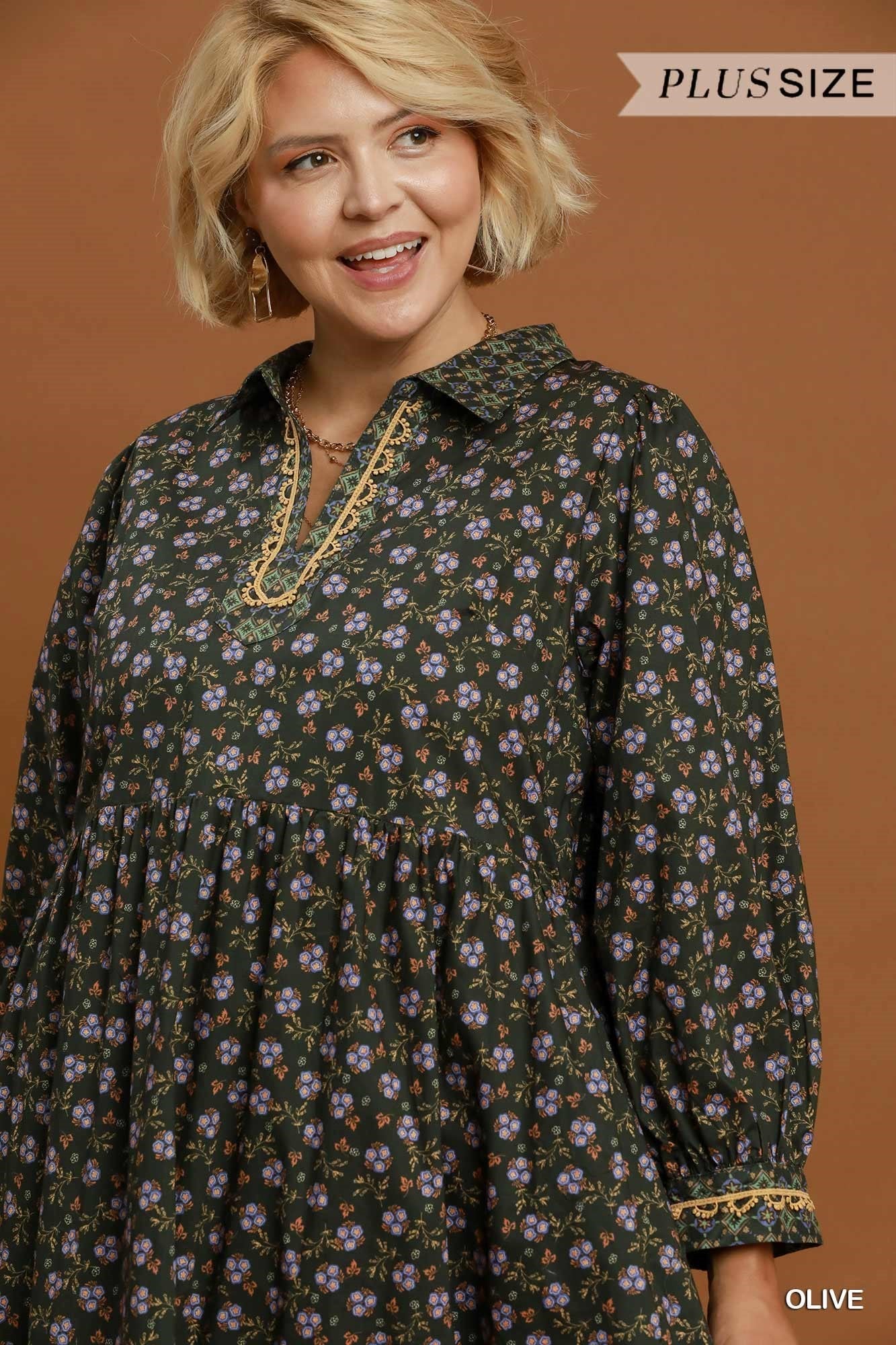 Umgee Plus Floral Mix Media Print Midi Dress Olive-Curvy/Plus Dresses-Umgee-Deja Nu Boutique, Women's Fashion Boutique in Lampasas, Texas