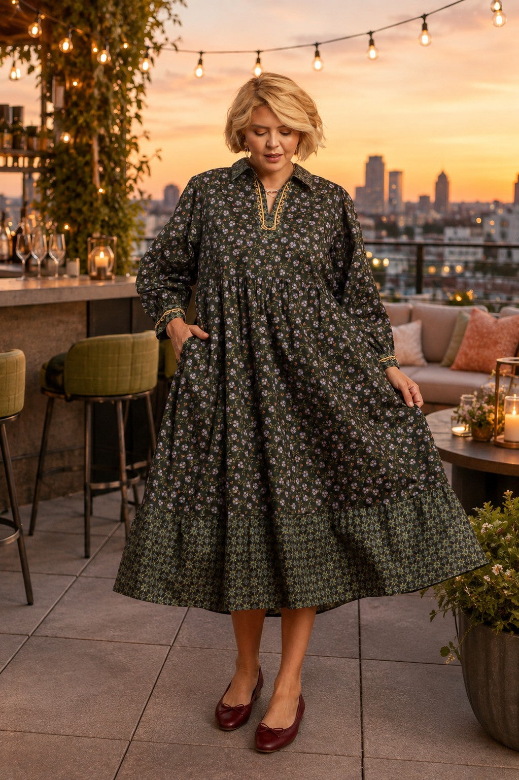 Umgee Plus Floral Mix Media Print Midi Dress Olive-Curvy/Plus Dresses-Umgee-Deja Nu Boutique, Women's Fashion Boutique in Lampasas, Texas