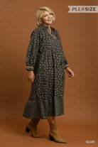 Umgee Plus Floral Mix Media Print Midi Dress Olive-Curvy/Plus Dresses-Umgee-Deja Nu Boutique, Women's Fashion Boutique in Lampasas, Texas