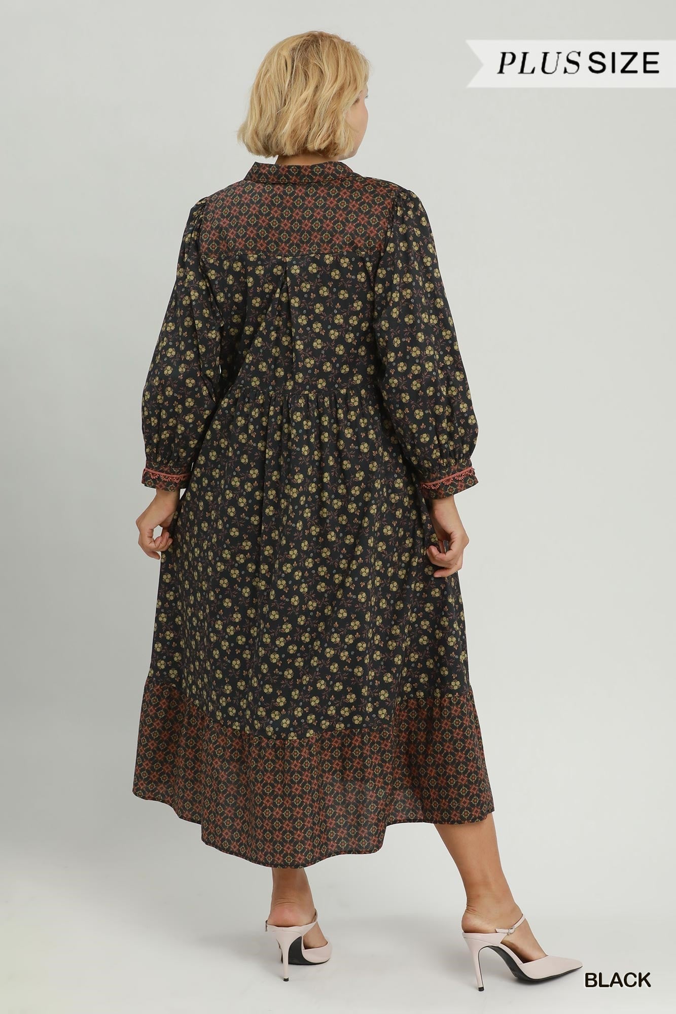 Umgee Plus Floral Mix Media Print Midi Dress – Black-Curvy/Plus Dresses-Umgee-Deja Nu Boutique, Women's Fashion Boutique in Lampasas, Texas