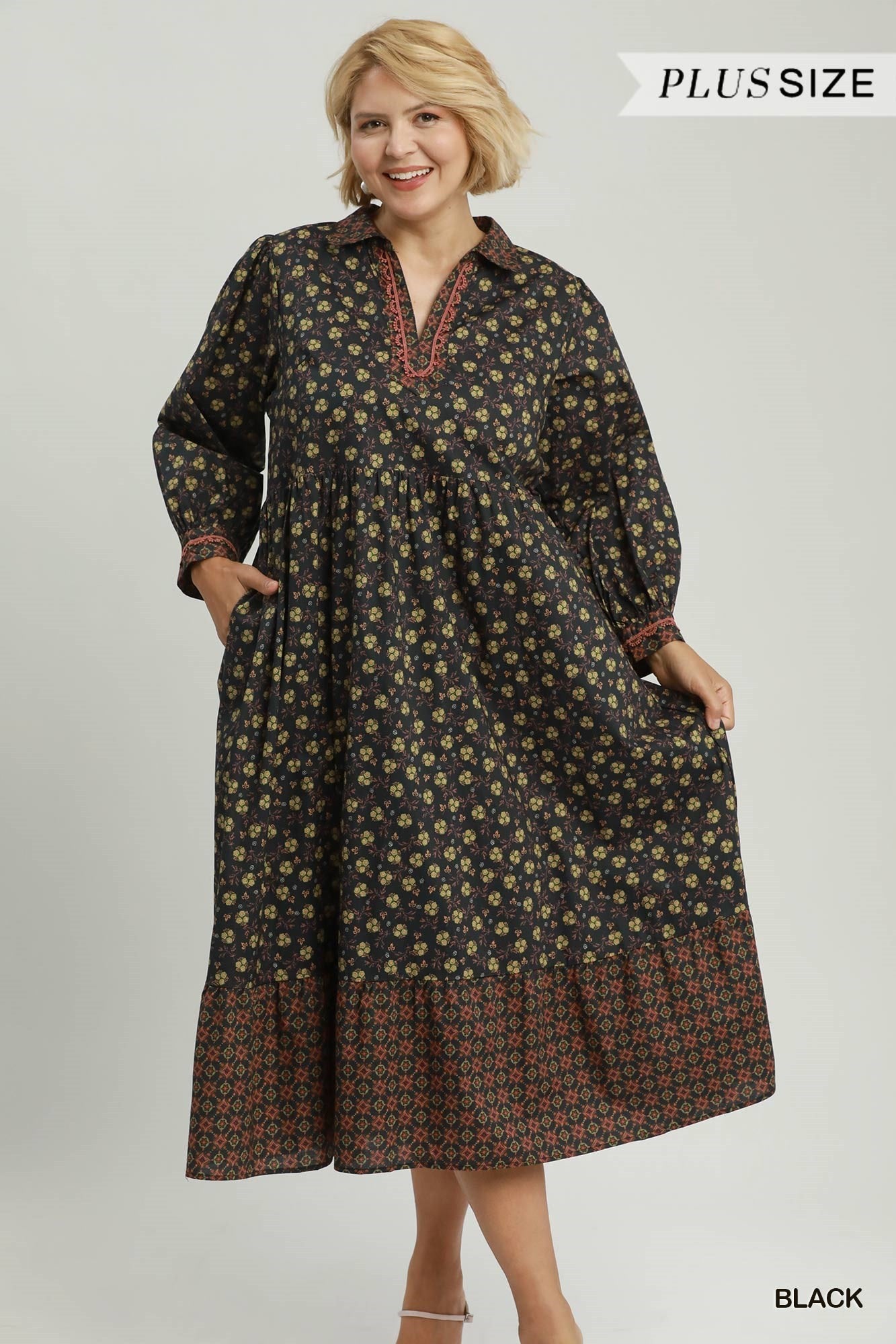 Umgee Plus Floral Mix Media Print Midi Dress – Black-Curvy/Plus Dresses-Umgee-Deja Nu Boutique, Women's Fashion Boutique in Lampasas, Texas