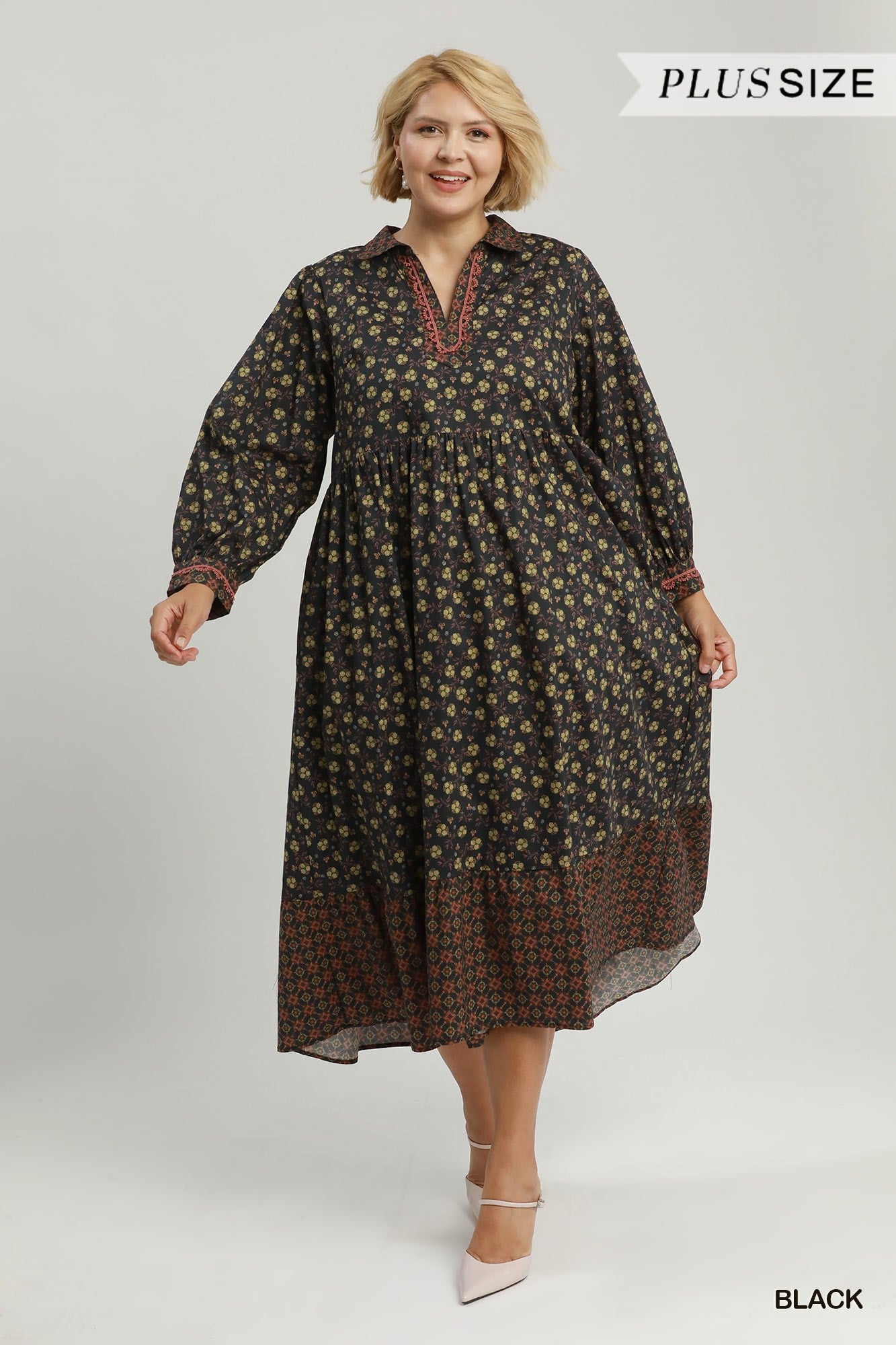 Umgee Plus Floral Mix Media Print Midi Dress – Black-Curvy/Plus Dresses-Umgee-Deja Nu Boutique, Women's Fashion Boutique in Lampasas, Texas