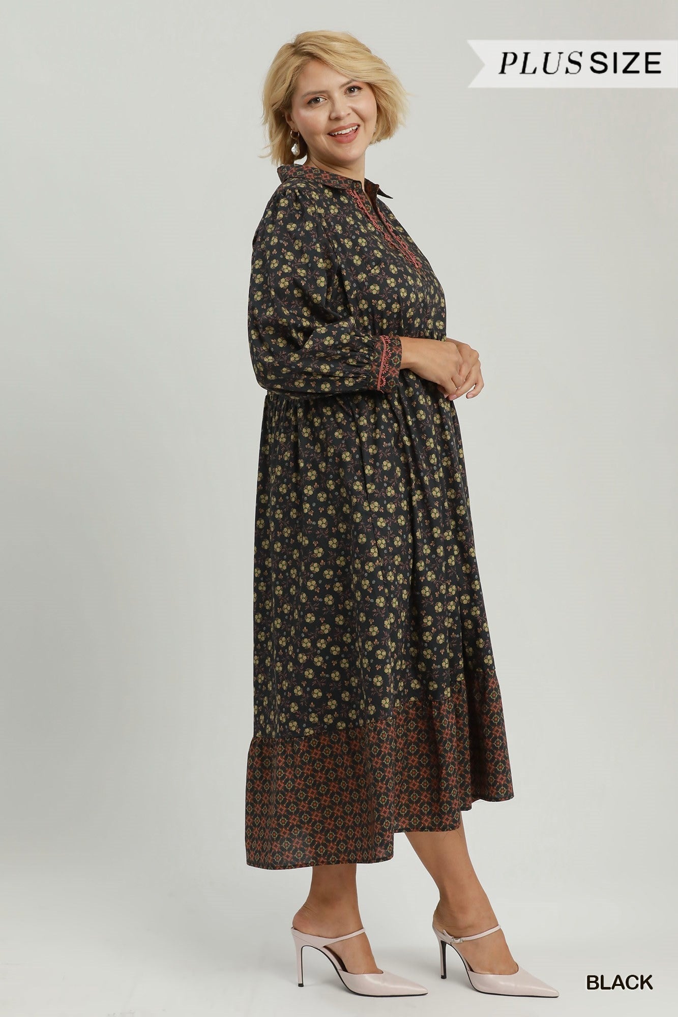 Umgee Plus Floral Mix Media Print Midi Dress – Black-Curvy/Plus Dresses-Umgee-Deja Nu Boutique, Women's Fashion Boutique in Lampasas, Texas