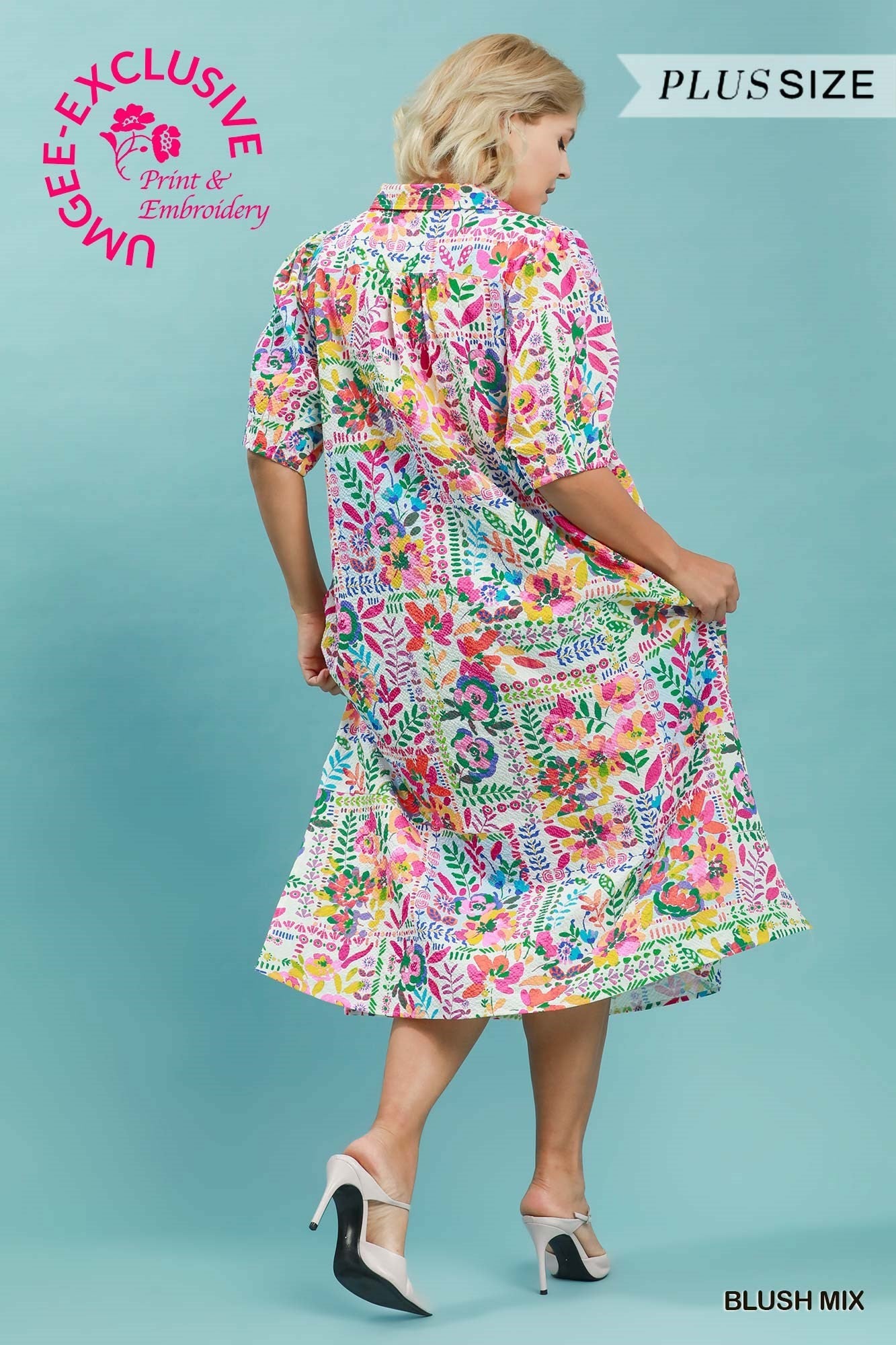 Umgee Plus Size Folk Art Floral Midi Dress – Blush Mix-Curvy/Plus Dresses-Umgee-Deja Nu Boutique, Women's Fashion Boutique in Lampasas, Texas