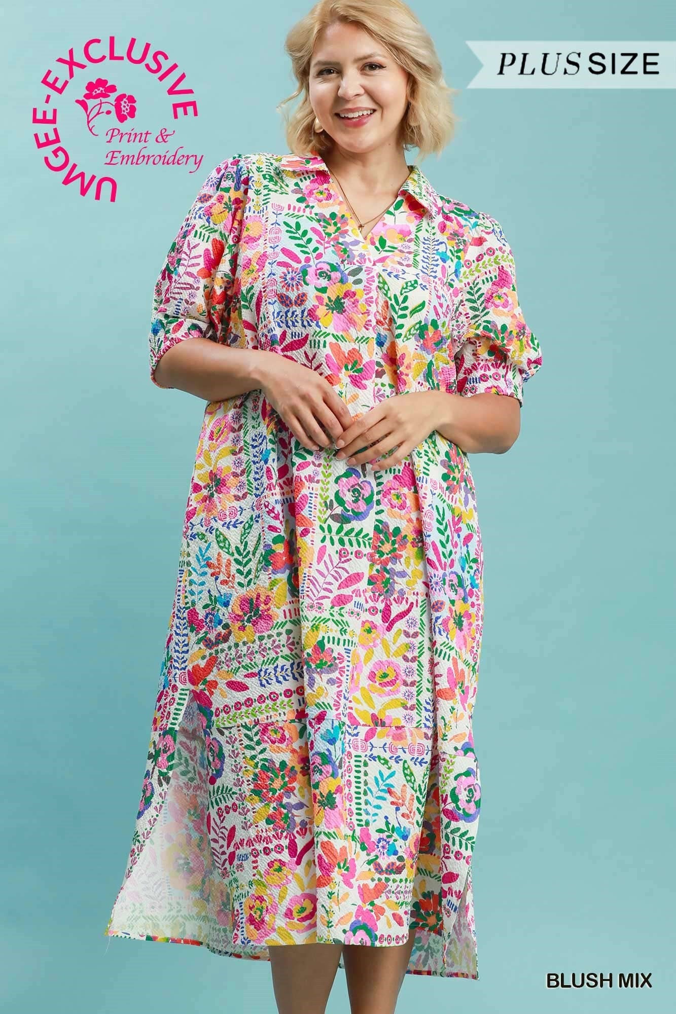 Umgee Plus Size Folk Art Floral Midi Dress – Blush Mix-Curvy/Plus Dresses-Umgee-Deja Nu Boutique, Women's Fashion Boutique in Lampasas, Texas