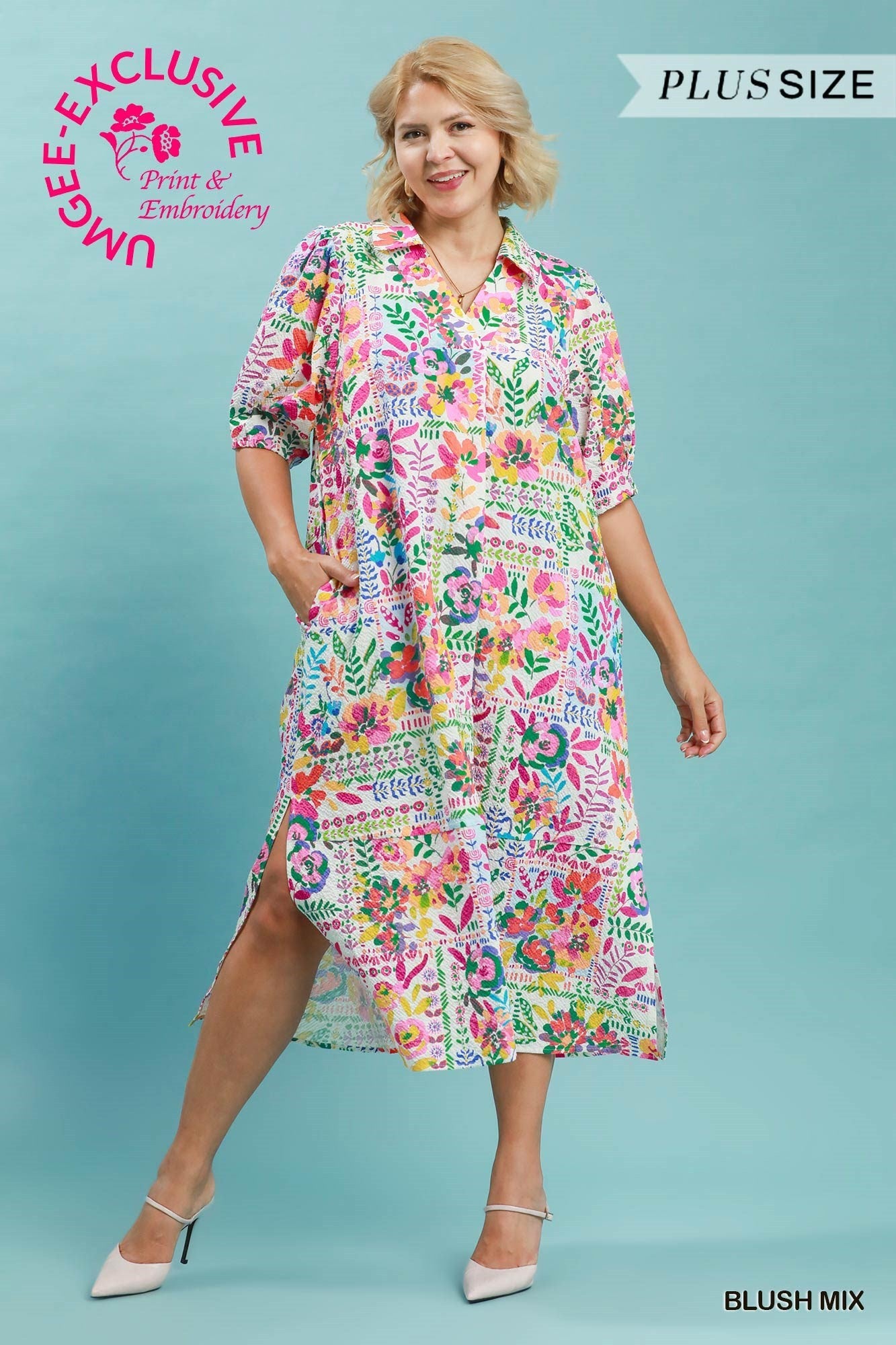 Umgee Plus Size Folk Art Floral Midi Dress – Blush Mix-Curvy/Plus Dresses-Umgee-Deja Nu Boutique, Women's Fashion Boutique in Lampasas, Texas