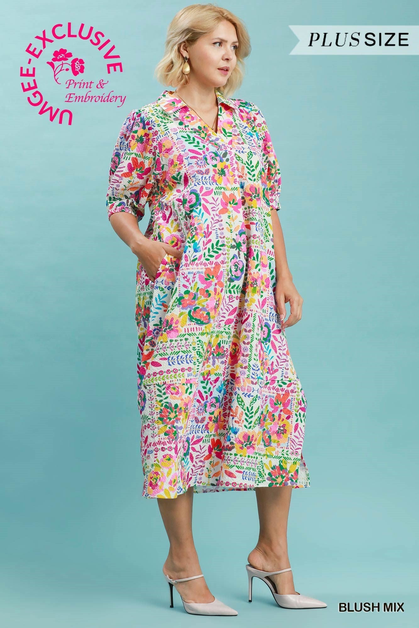 Umgee Plus Size Folk Art Floral Midi Dress – Blush Mix-Curvy/Plus Dresses-Umgee-Deja Nu Boutique, Women's Fashion Boutique in Lampasas, Texas