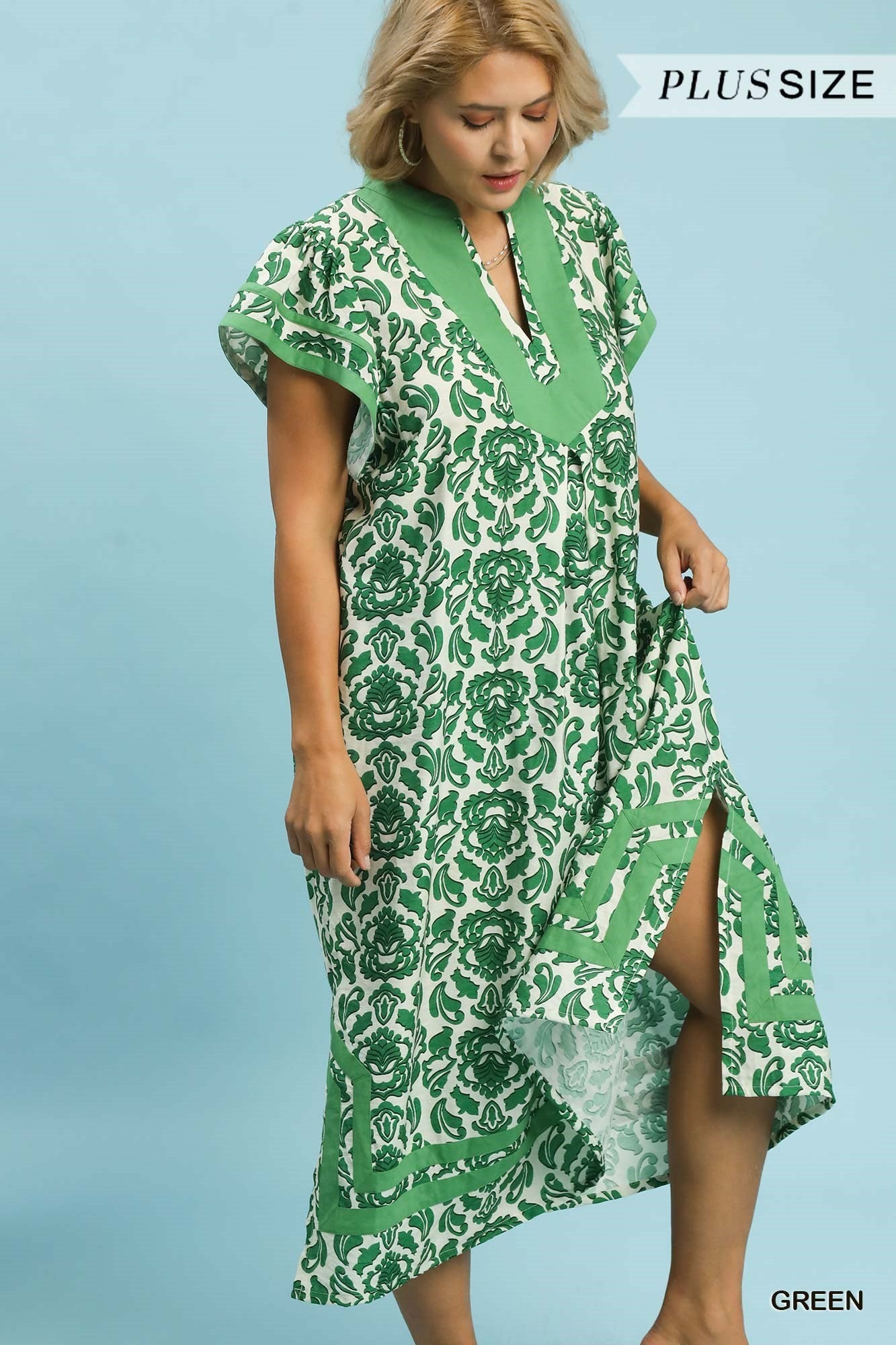 Umgee Plus Green Abstract Two Tone Print Midi Dress-Curvy/Plus Dresses-Umgee-Deja Nu Boutique, Women's Fashion Boutique in Lampasas, Texas