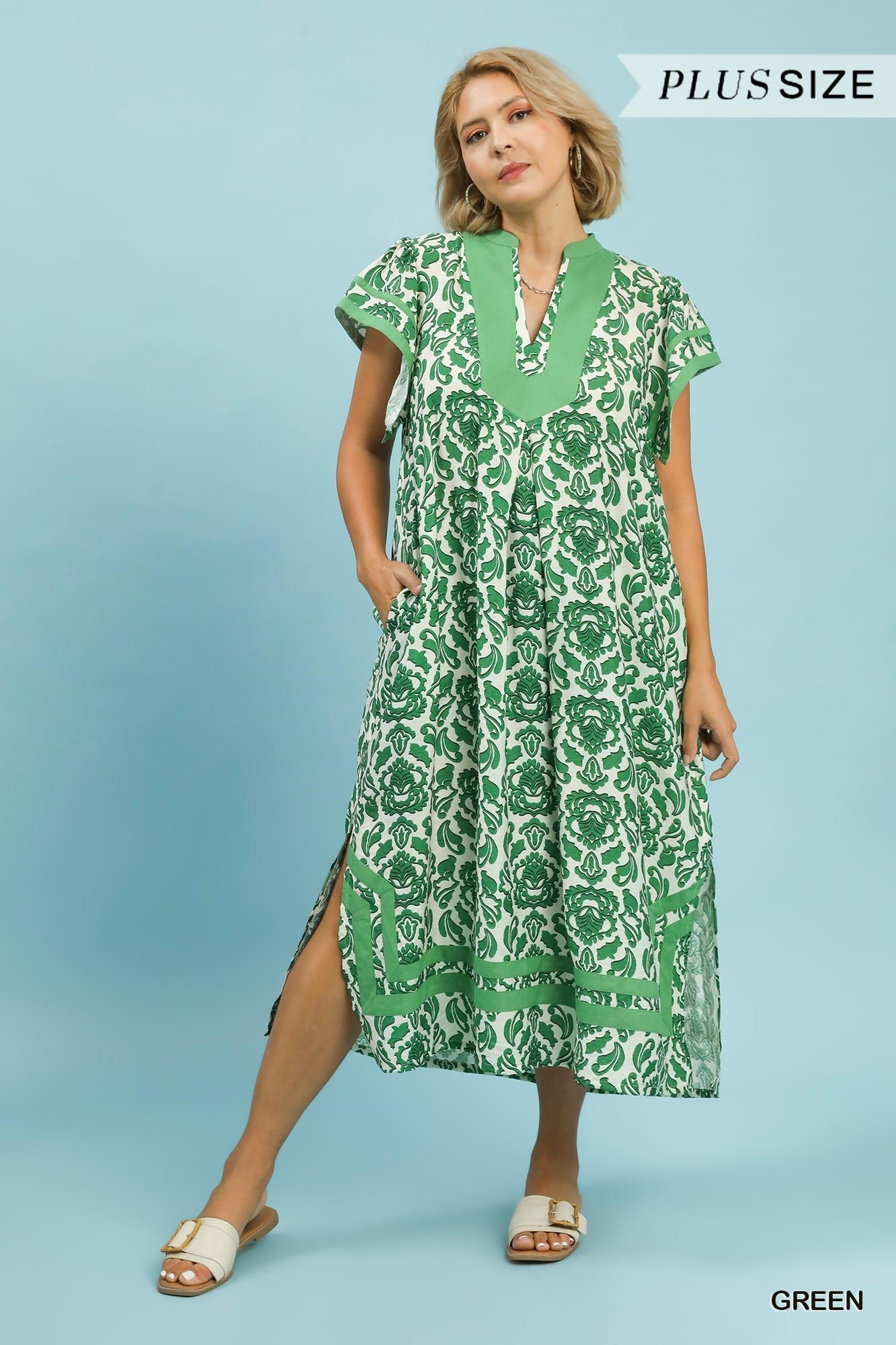 Umgee Plus Green Abstract Two Tone Print Midi Dress-Curvy/Plus Dresses-Umgee-Deja Nu Boutique, Women's Fashion Boutique in Lampasas, Texas
