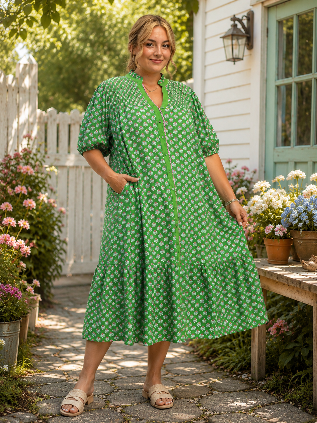 Umgee Plus Green Mix Floral Print Button Down Midi Dress-Curvy/Plus Dresses-umgee-Deja Nu Boutique, Women's Fashion Boutique in Lampasas, Texas