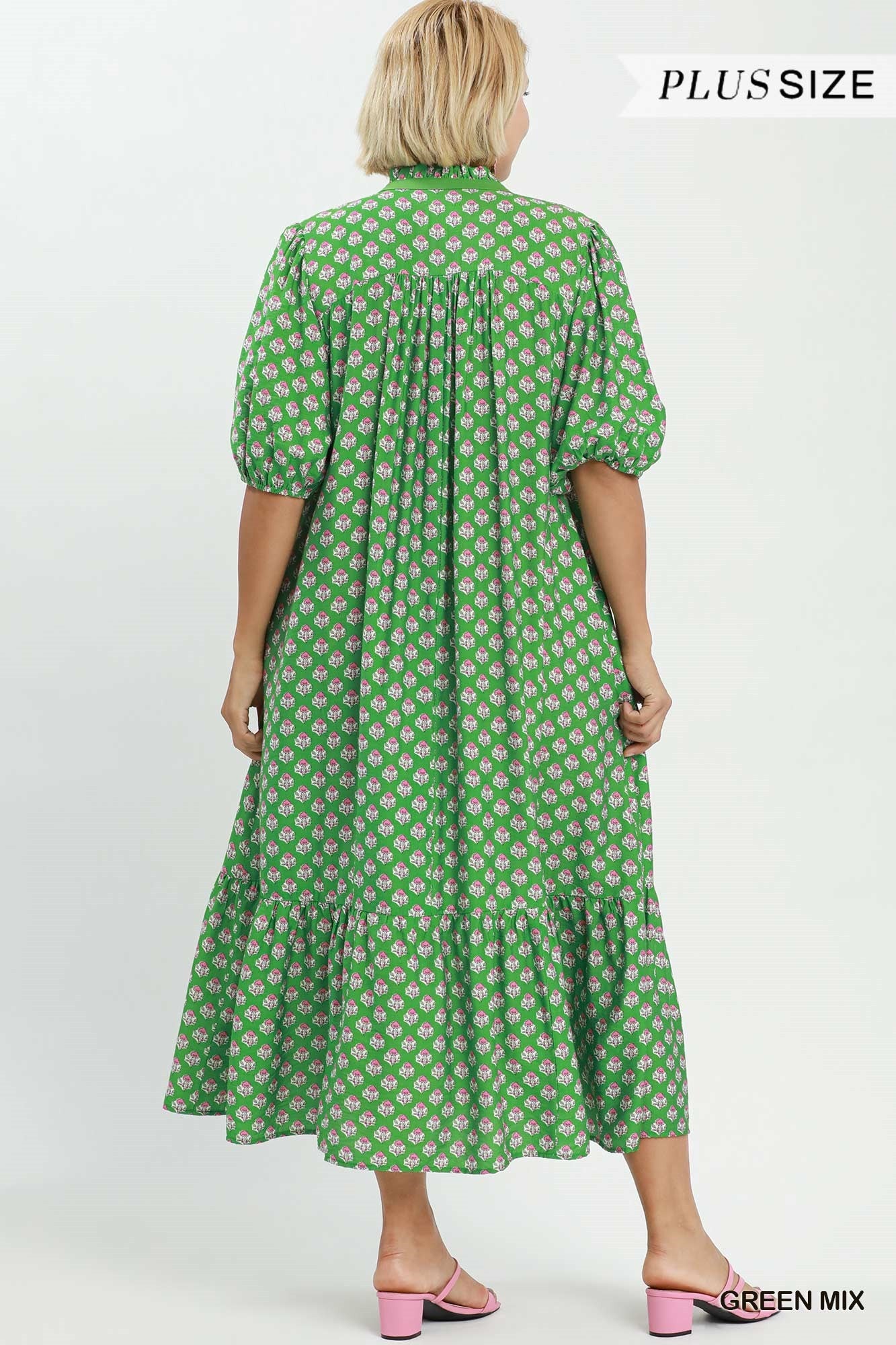 Umgee Plus Green Mix Floral Print Button Down Midi Dress-Curvy/Plus Dresses-umgee-Deja Nu Boutique, Women's Fashion Boutique in Lampasas, Texas
