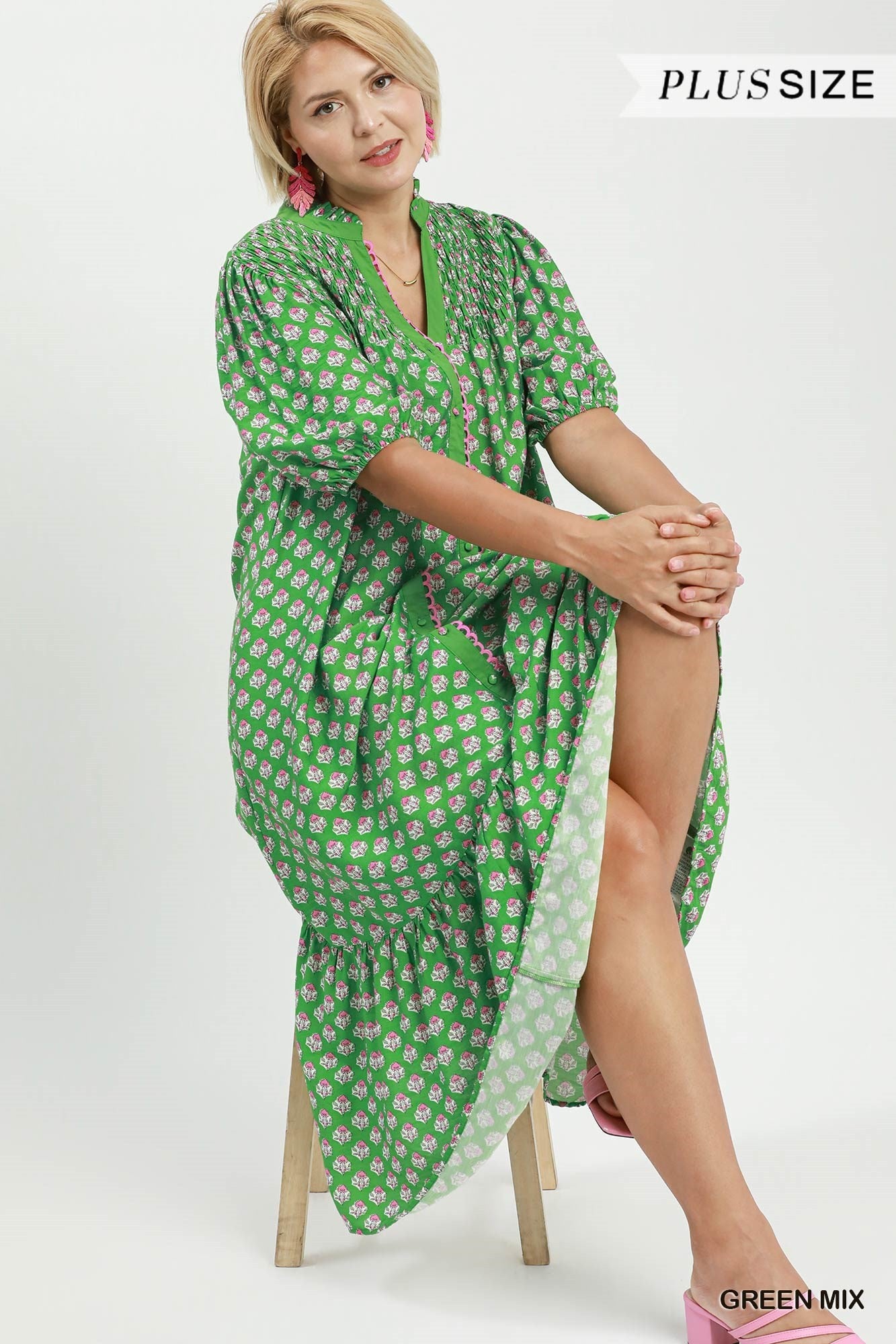 Umgee Plus Green Mix Floral Print Button Down Midi Dress-Curvy/Plus Dresses-umgee-Deja Nu Boutique, Women's Fashion Boutique in Lampasas, Texas