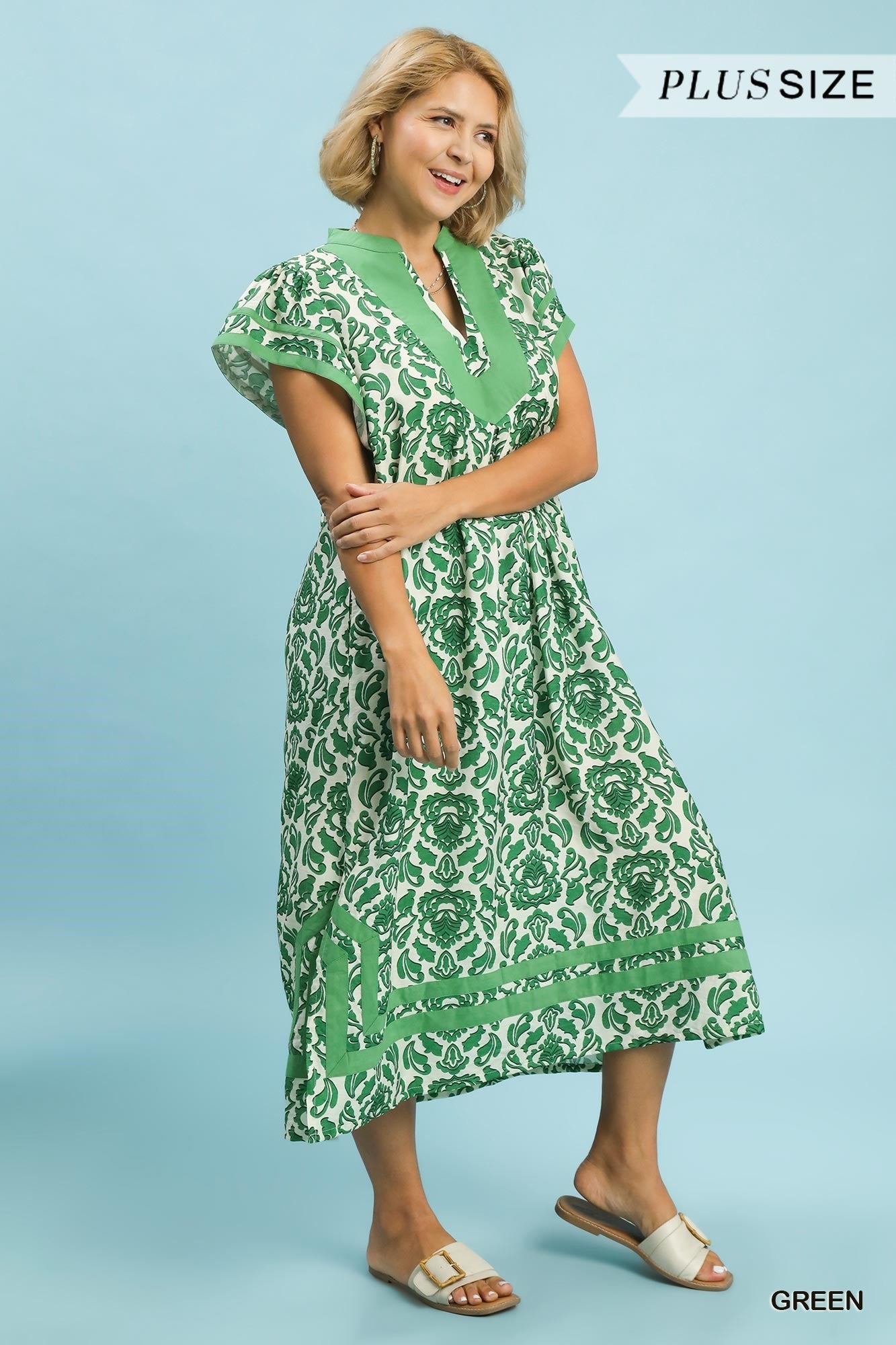 Ladies Dresses Umgee Green Dress Women's Umgee Split Neck Textured Tiered  Long Sleeve Midi Dress