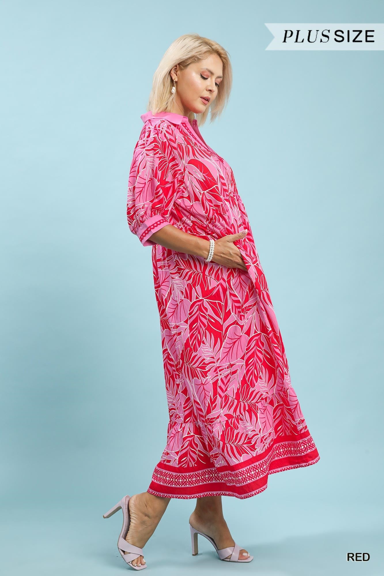 Umgee Red Leafy Border Print V-Neck Midi Dress Plus Size-Curvy/Plus Dresses-Umgee-Deja Nu Boutique, Women's Fashion Boutique in Lampasas, Texas