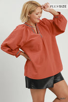Umgee Rust Puff Sleeve Trim Detail Blouse – Plus Size-Curvy/Plus Blouses-Umgee-Deja Nu Boutique, Women's Fashion Boutique in Lampasas, Texas