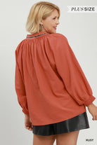 Umgee Rust Puff Sleeve Trim Detail Blouse – Plus Size-Curvy/Plus Blouses-Umgee-Deja Nu Boutique, Women's Fashion Boutique in Lampasas, Texas